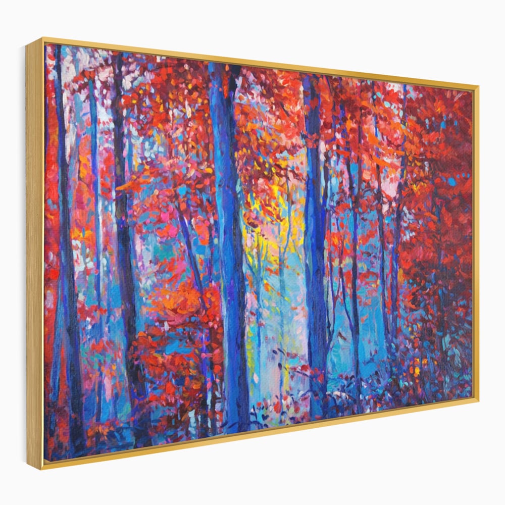 Tablou canvas cu pictura in ulei cu padure de toamna, in rama de aluminiu auriu